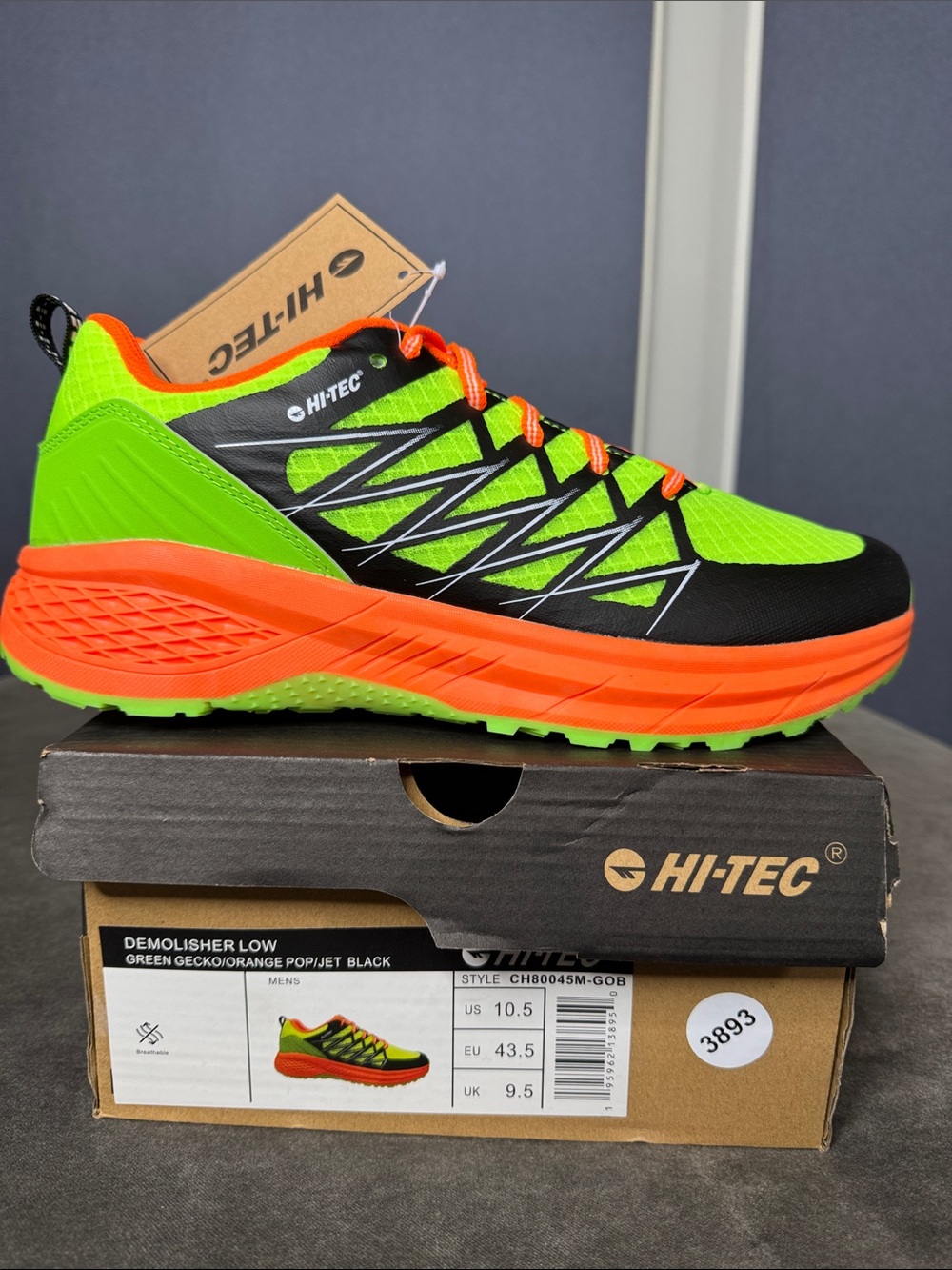 Mens Hi-Tec Demolisher Green Gecko Orange Pop Low Trail Shoe Sneaker Size 10.5